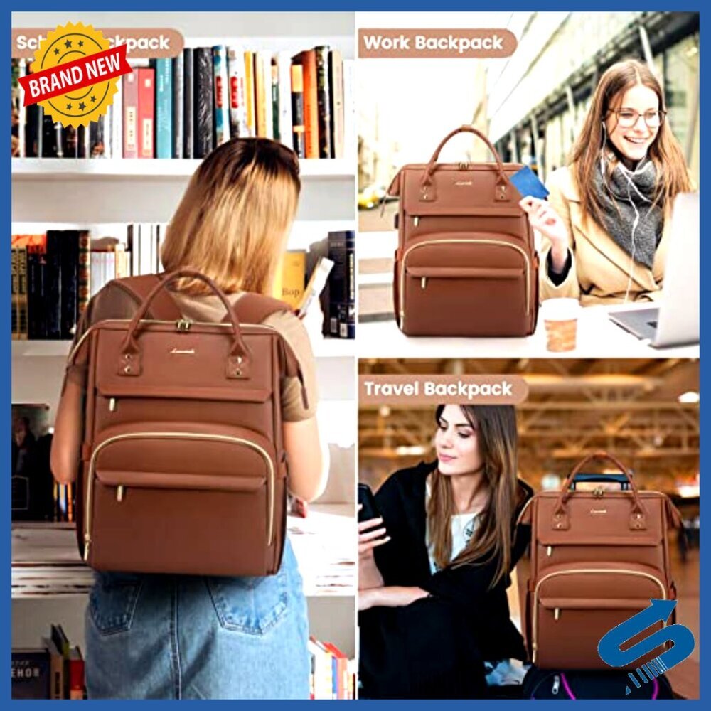 Leather Laptop Backpack Professional Work Bag Travel Purse with USB Port - Picture 6 of 6